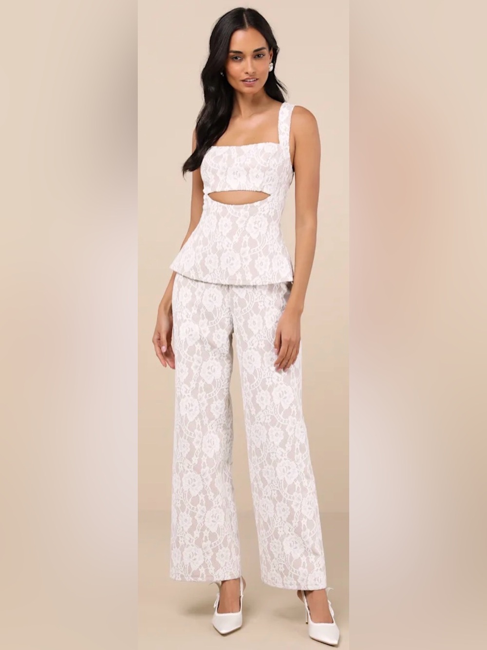 Lulu's White and Tan Lace Jumpsuit Bridal / Bridesmaid
